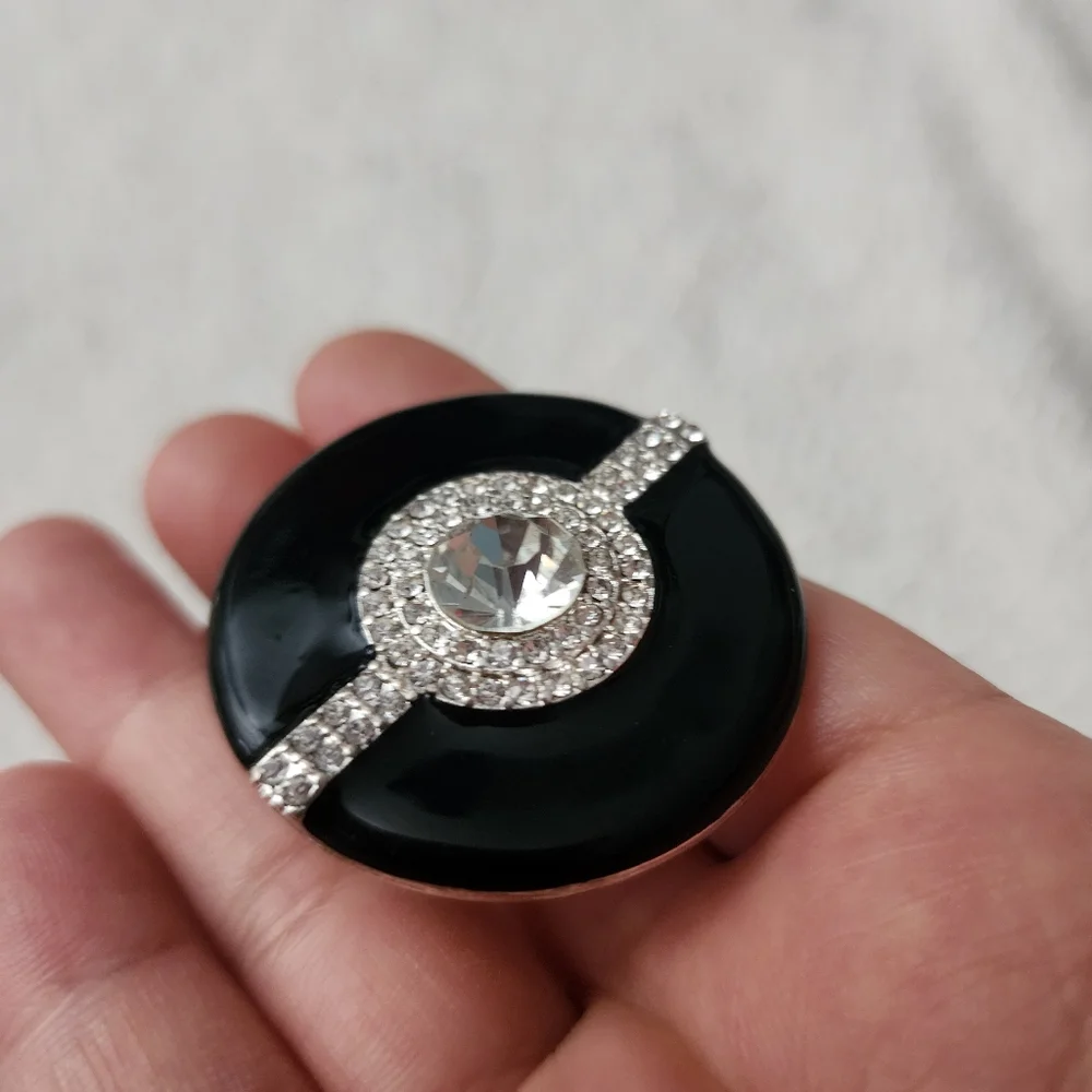 Elegant Black Enamel and Silver Bling Rhinestone Statement Ring Stretch